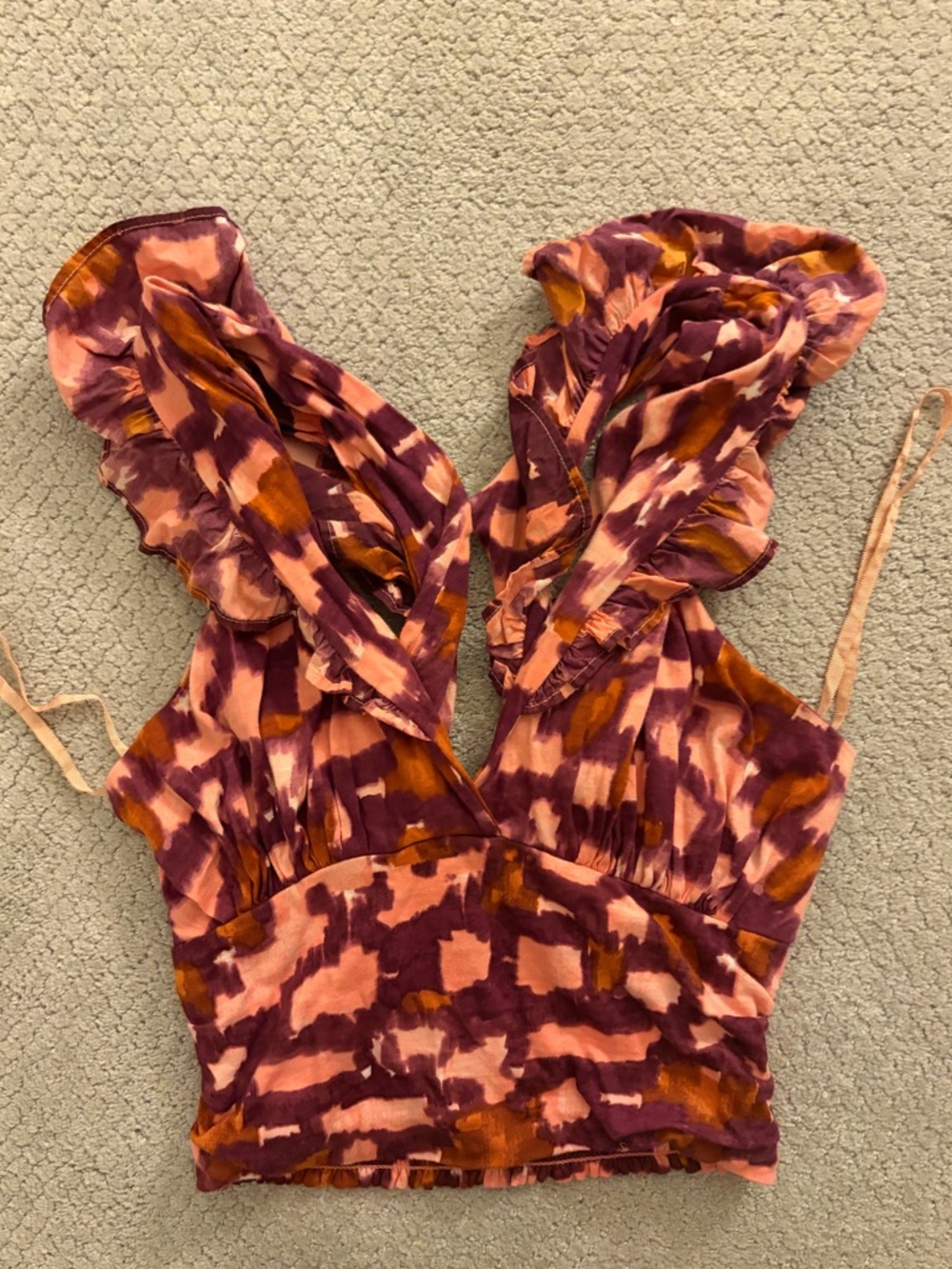 Anthropologie Pink & Burgundy Patterned Ruffle Crop Top